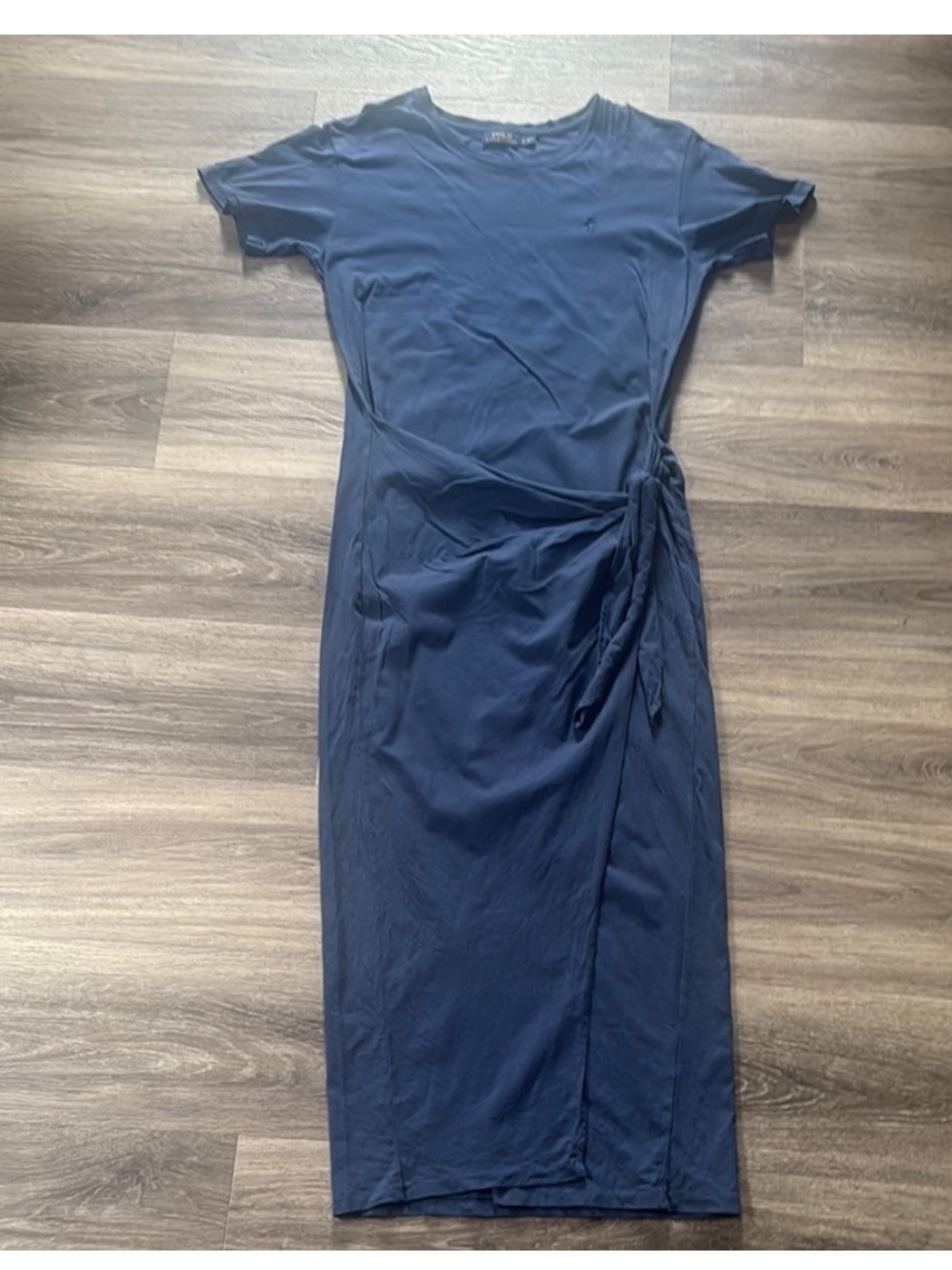 Ralph Lauren Navy Short-Sleeve Midi Dress with Side Tie